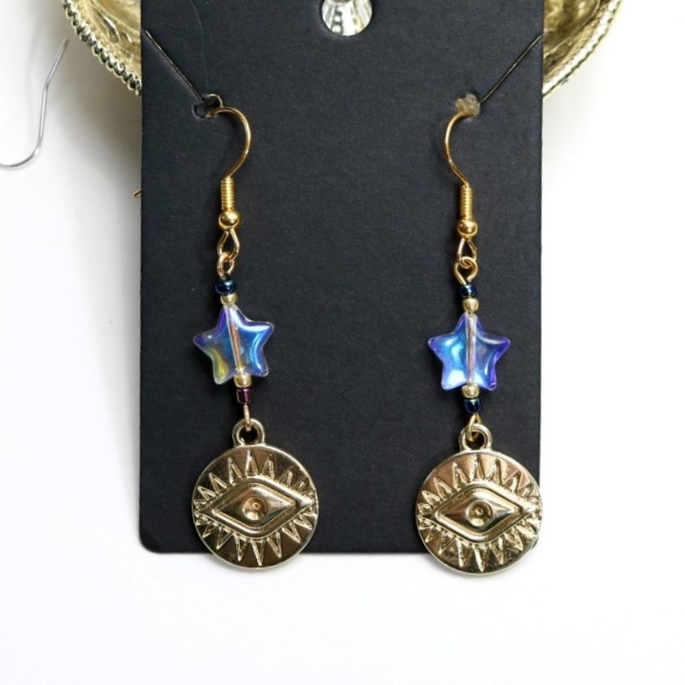 Gold Eye Moonstone Beaded Psychic Earrings Handmade Goth 90's Jewelry
